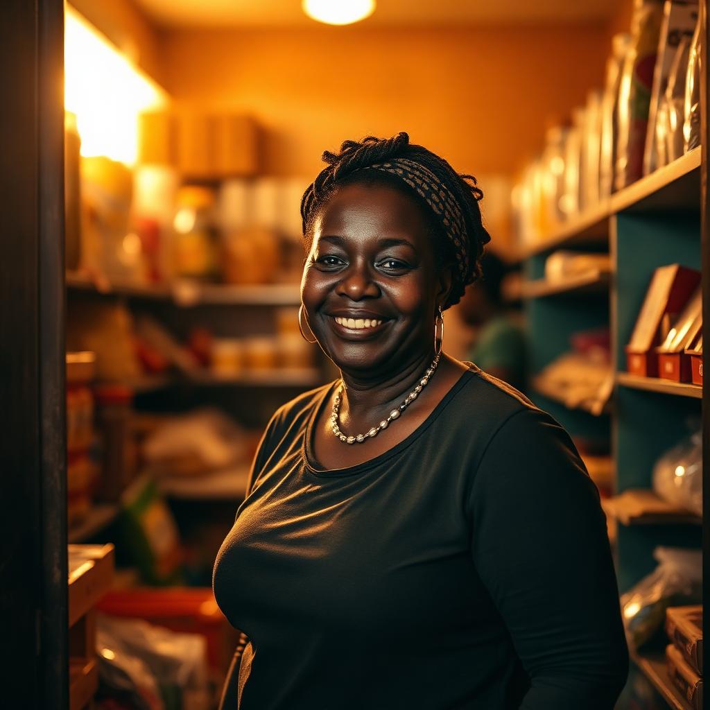 Township shopkeeper standing proudly in her spaza shop